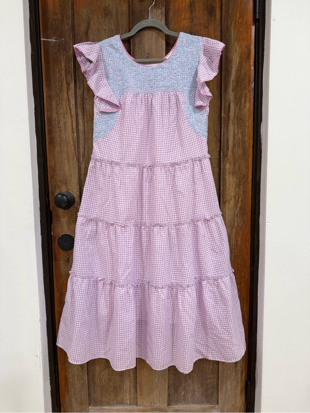 Pink Gingham Maxi Dress with Blue Smocked Yoke and Flutter Sleeves
